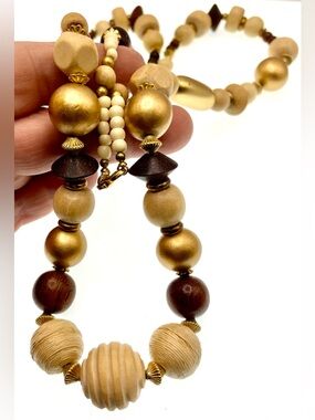 Vintage Natural Wood Bead Statement Necklace Gold Tone Accents Chunky Boho
